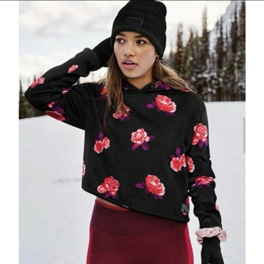 NWT VS PINK BLACK FLORAL KNOT HOODED SWEATER